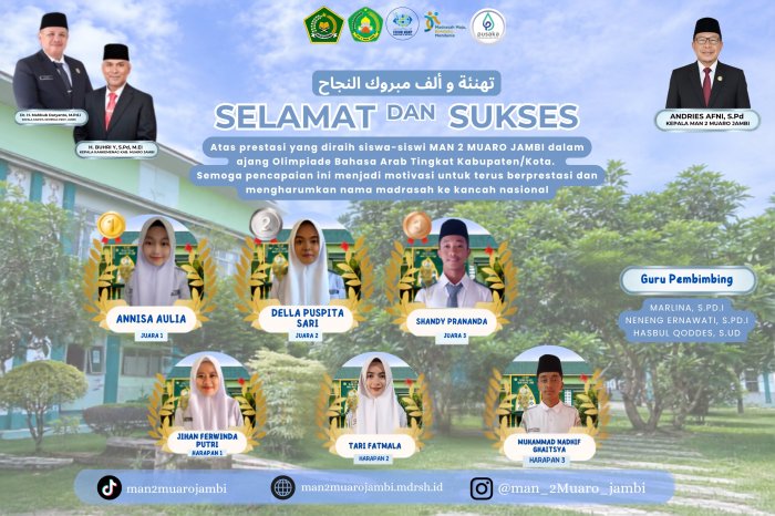 Enam Siswa-Siswi MAN 2 Muaro Jambi Raih Prestasi pada Olimpiade Bahasa Arab Tingkat Kabupaten Muaro Jambi Tahun 2026
